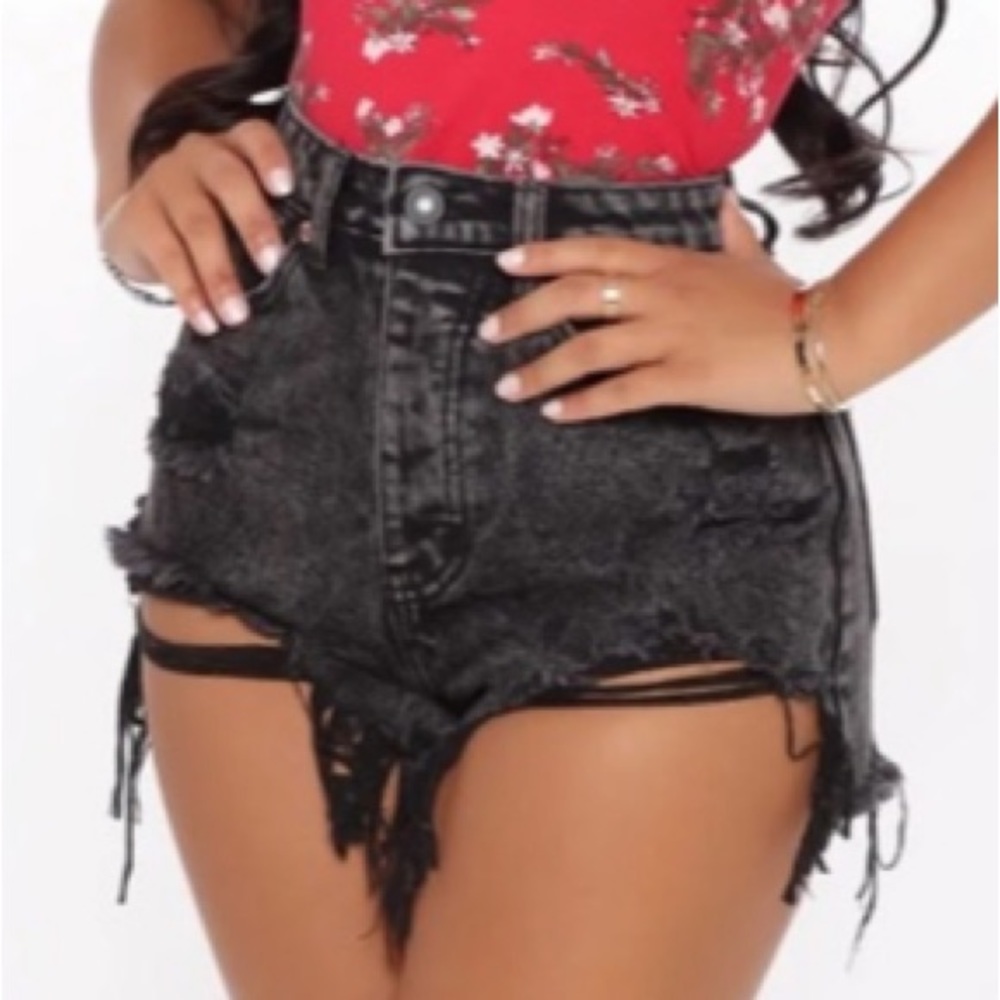 High Waist/Rise Signature Distressed Denim Acid Wash Cheeky shorts; Fashion Nova